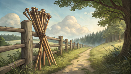 **Rustic Bundle of Wooden Walking Sticks Leaning Against a Gate with Copy Space**  