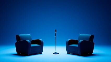 Sleek Dark Blue Armchairs and Vintage Microphone Bathed in Cool Monochromatic Light in a Modern Studio