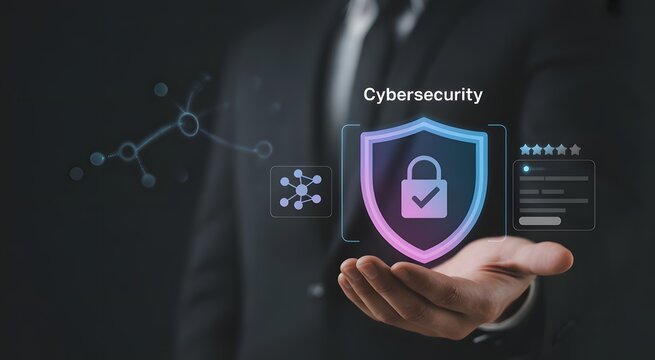 Cybersecurity at Hand: An individual extends their hand, presenting a holographic display symbolizing digital security, with a padlock emblem and data network, signifying protection and safety