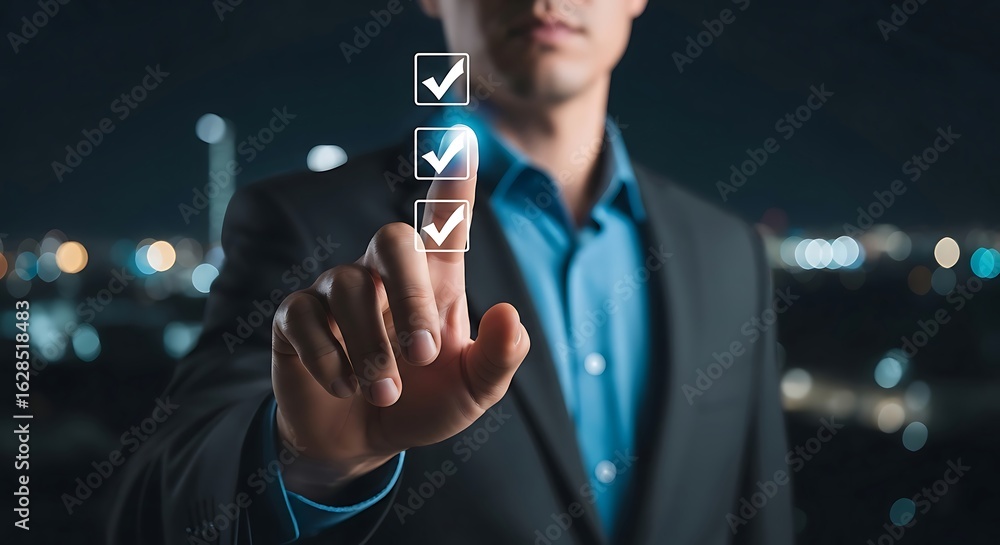 Poster businessman s finger interacting with a digital checklist displaying completed tasks against a blurr
