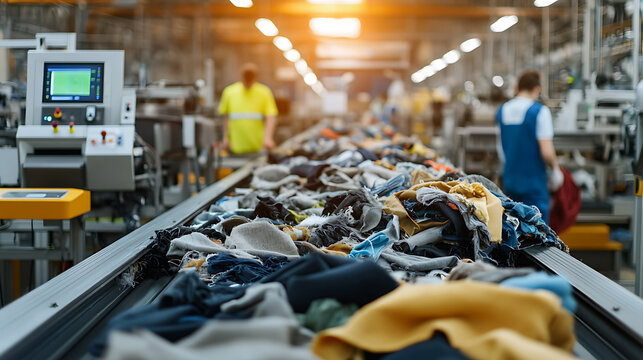 Fabric sorting line: Textile recycling and waste management. Automated system for separating materials. Sustainable industry promoting circular economy.