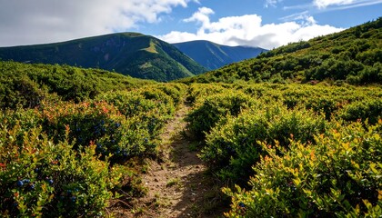 Fototapeta premium Hiking Trail Through Blueberry Bushes with Mountain Views