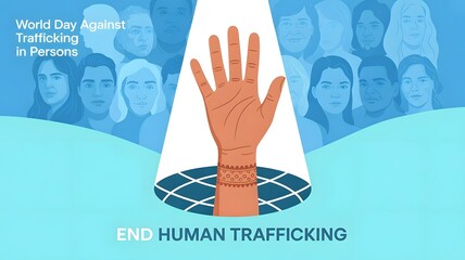 End Human Trafficking : A poignant image dedicated to combating human trafficking, featuring a symbolic open hand and a gathering of diverse faces.