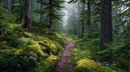 Naklejka premium Misty forest trail winding through mossy hillside