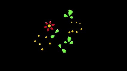 Whimsical animated flower petals and golden dots float against a dark, magical background