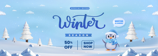 Winter Sale Banner With Adorable Penguin and Snowy Background