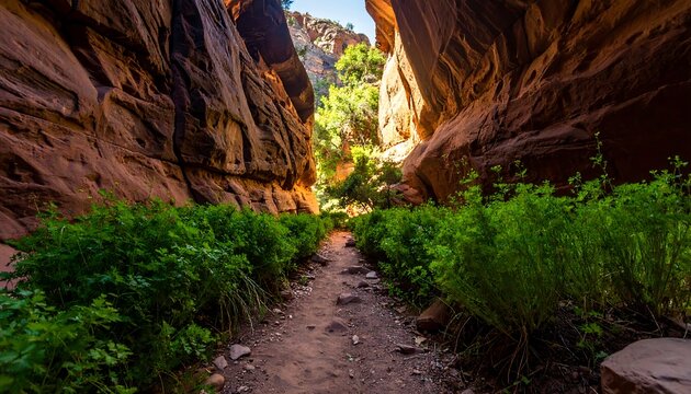 Hiking Trail Through Red Rock Canyon with Lush Greenery
