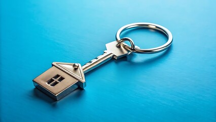 A silver key with a houseshaped charm on a keychain, symbolizing home ownership and real estate investment on a blue background