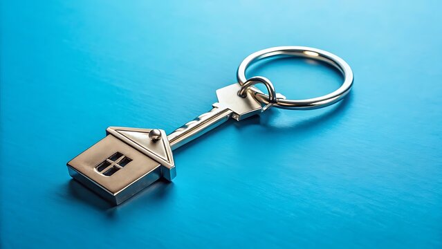 A silver key with a houseshaped charm on a keychain, symbolizing home ownership and real estate investment on a blue background - Powered by Adobe