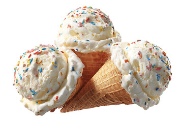 Three scoops of delicious ice cream in waffle cones.