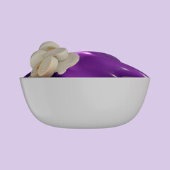 Purple açaí bowl with creamy texture and fresh fruit toppings on lilac background