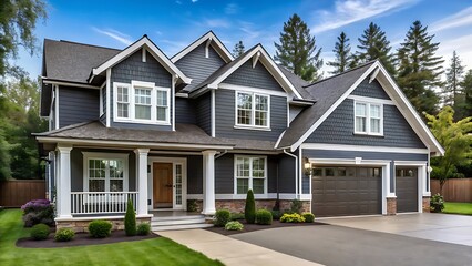 Elegant modern suburban home exterior featuring a grand entrance, multiple gables, garage, and lush landscaping on a sunny day