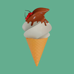 Vanilla ice cream cone with chocolate syrup and fresh cherry topping