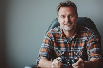 Middle aged man sitting comfortably in a chair, holding a game controller and fully immersed in the excitement of video gaming