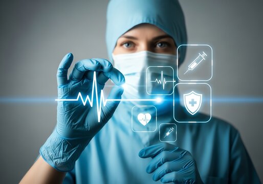 Female doctor in mask with digital medical interface, representing modern healthcare and technology