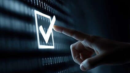 A finger touches a glowing check mark on a screen filled with binary code