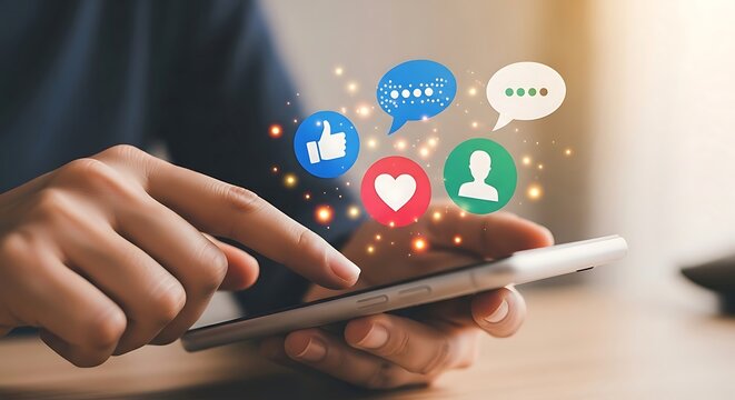 Person using a smartphone with social media icons floating above representing online engagement and digital communication