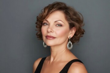 Capturing the essence of sophistication, a middle aged woman radiates confidence and style in a chic studio portrait against a gray background