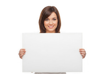 Fototapeta premium Woman holding blank white board for message isolated on transparent background