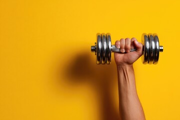 Hand holding a metallic dumbbell against a vibrant yellow background