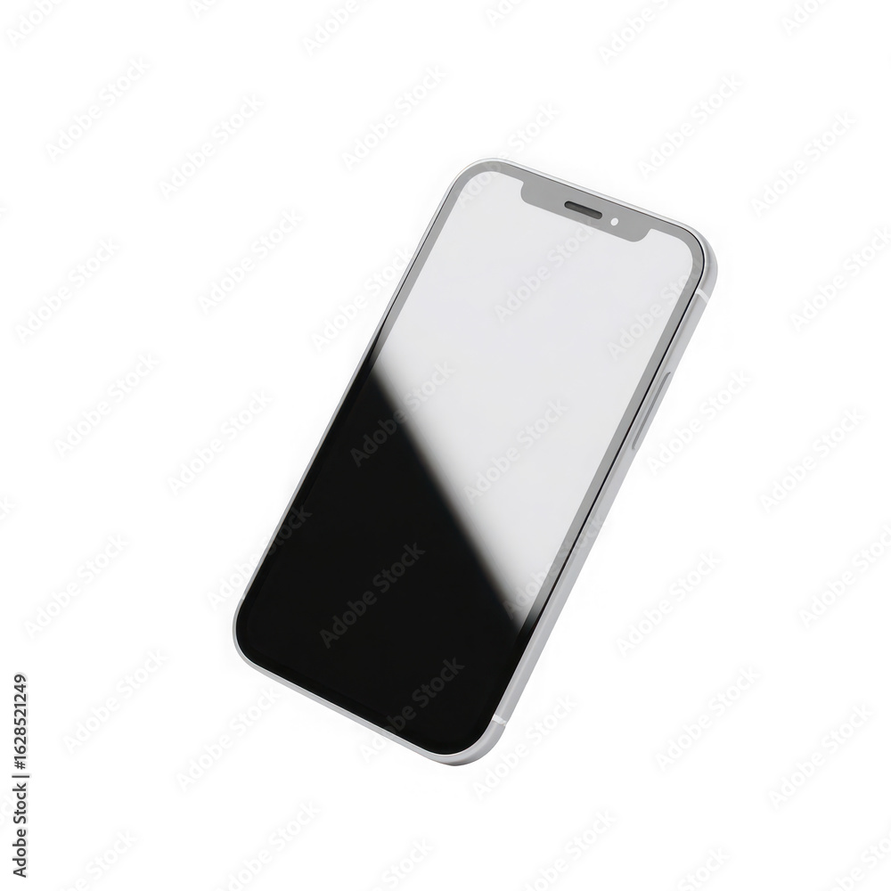 Poster 3d icon of modern smartphone with a sleek silver frame and a blank screen, isolated on a transparent