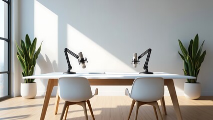 Bright minimalist podcast studio with white chairs, a long table, and two microphones flanked by tall green plants.