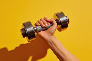 Hand holding a dumbbell against a bright yellow background