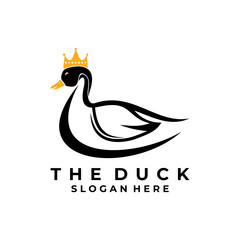 Crown duck logo design template. King duck line art logo design