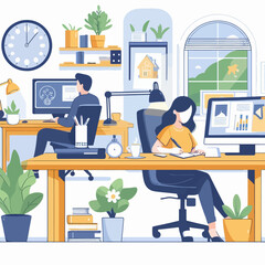 Colorful, flat design of two individuals working in a home office, filled with plants and various household items.