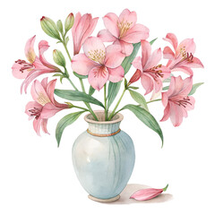 Obraz premium Watercolor pink alstroemeria in ceramic vase isolated on a transparent background floral flowers