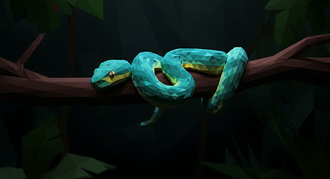 A vibrant blue and yellow snake coiled on a brown tree branch in a dark, lush forest.