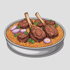 Lamb Chop Biryani with Onion and Cilantro &ndash; Vector Illustration