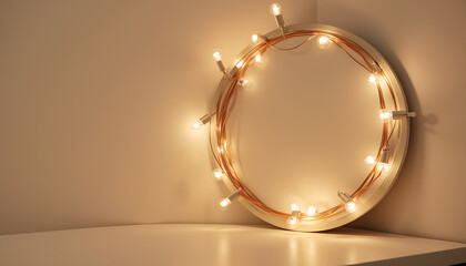 **Bohemian Oval Mirror with Tangled Copper Wire Lights in Eclectic Bedroom with Copy Space**  