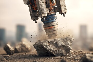 A heavyduty robotic drill pulverizes a large rock into smaller pieces