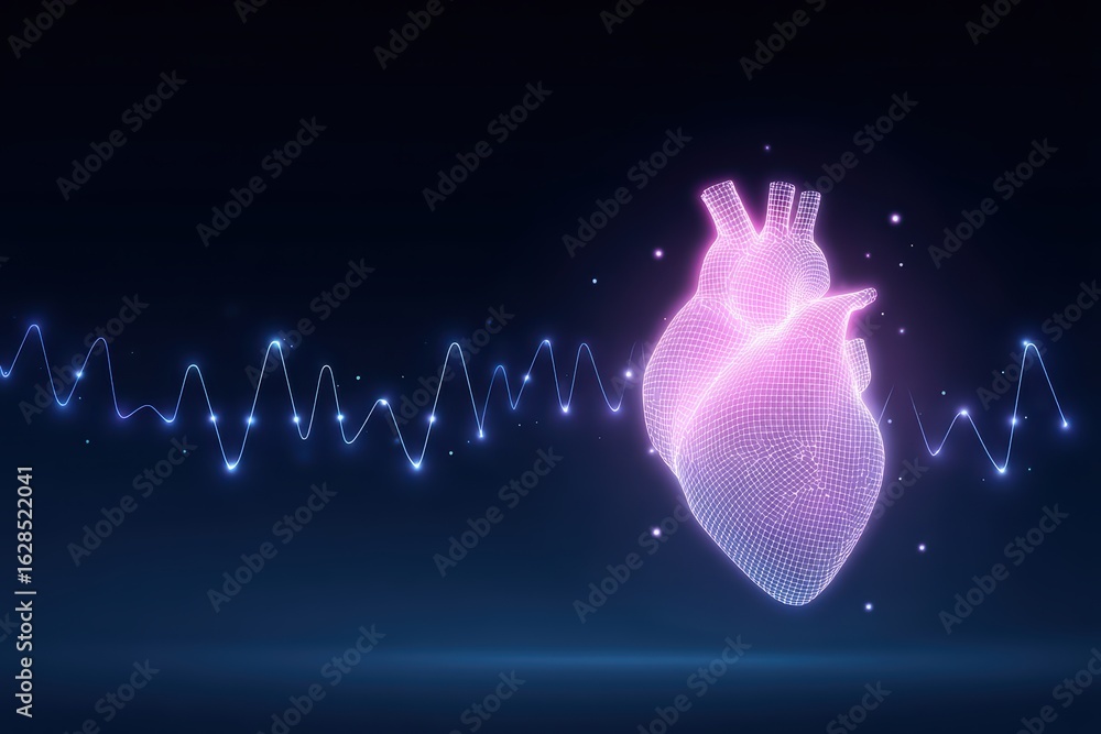 Poster abstract digital heart with pulse waveform background