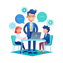 Remote Team Leader Conducting Virtual Meeting with Employees on Laptop – Business Communication and Online Collaboration Vector Illustration