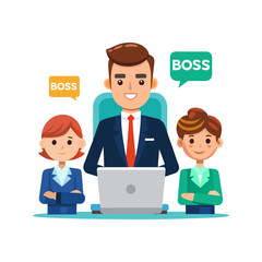 Remote Team Leader Conducting Virtual Meeting with Employees on Laptop – Business Communication and Online Collaboration Vector Illustration