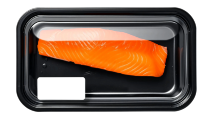 Black plastic tray with salmon and blank label mockup packaging isolated on transparent background