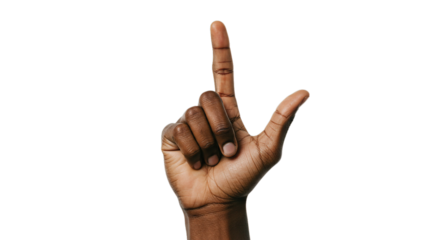Stock photo of dark skin hand showing number one gesture isolated on black background for graphic design use
