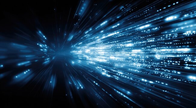 Abstract digital stream.  Blue light streaks radiate from a central point, creating a sense of speed and technology