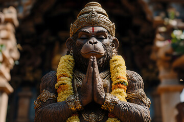 Statue of a monkey-like deity in a prayerful pose, adorned with garlands and jewelry, in an outdoor temple setting. A symbol of devotion and faith.