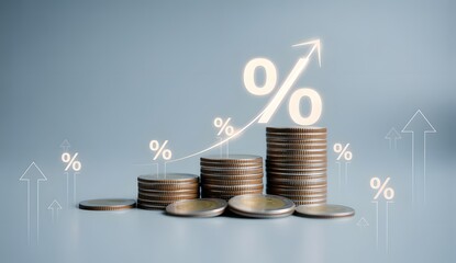 Financial Growth Ascent:  Illustrating economic progress with stacks of coins, a rising percentage sign, and upward-pointing arrows, this image symbolizes financial growth and investment returns.