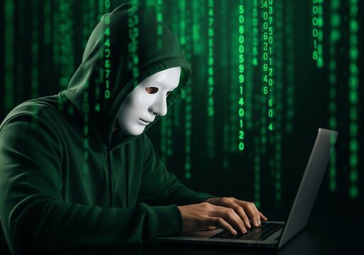 Anonymous hacker in mask using laptop for cyber attack with binary code on dark background