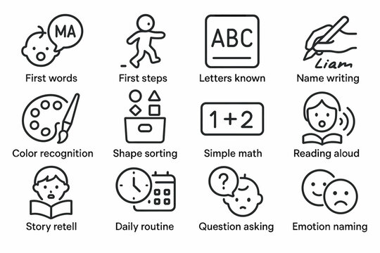 Icon set illustrating early childhood development milestones and activities