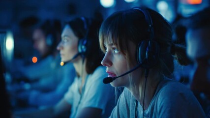 Individuals in a dark call center or operations room wear headsets with microphones focusing intently on their computer screens