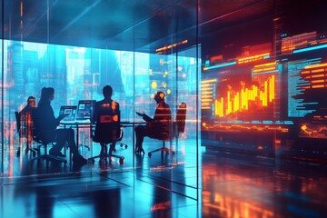 Business team analyzing graphs and code displayed on holographic screens in a modern office, showcasing innovative technology for financial analysis