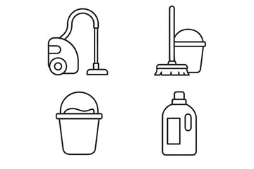 Obraz premium Outline icons of vacuum, mop, bucket, and detergent