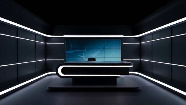 Sleek futuristic news studio with glowing white light lines and an abstract blue screen backdrop.