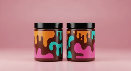 Creative presentation of two jars with colorful abstract design on a pink background