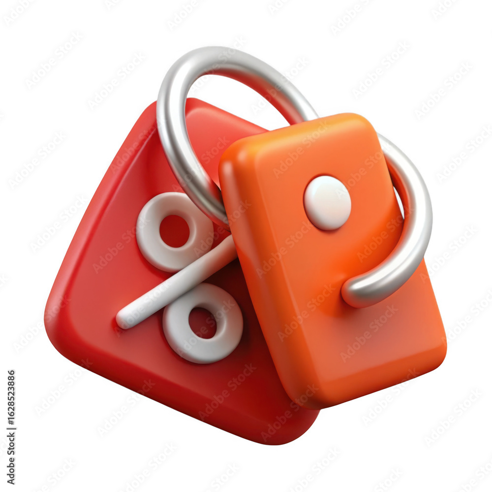 Poster 3d rendered red triangle and orange rectangle keychain with percentage symbol isolated on transparen
